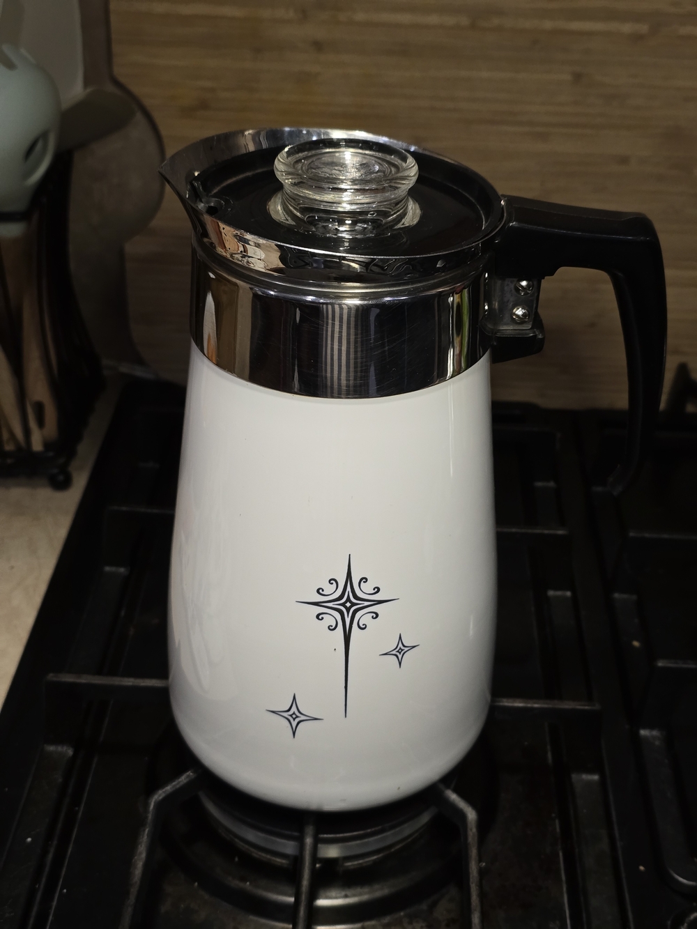 Corningware White Retro Starburst Coffee Percolator with Black Handle